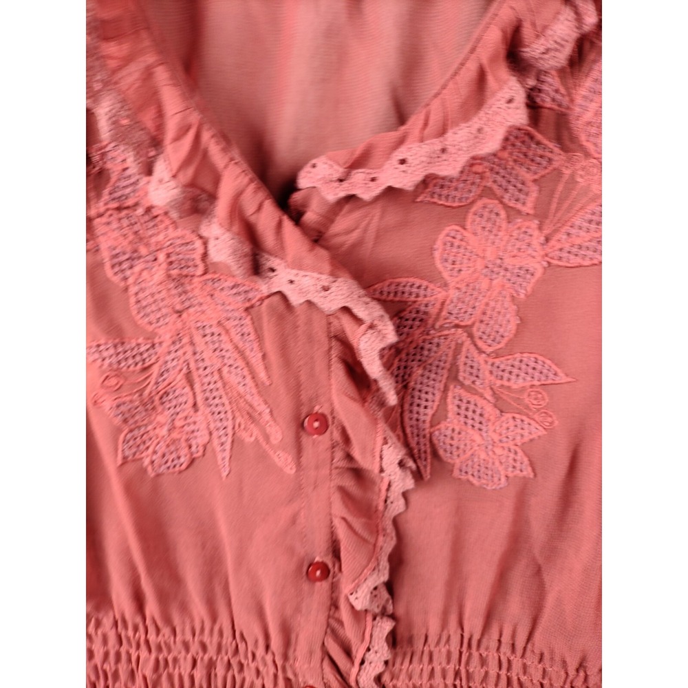 Soft Surroundings Womens Shirt L Mauve Ruffle Crochet Embroidered Smocked Sheer